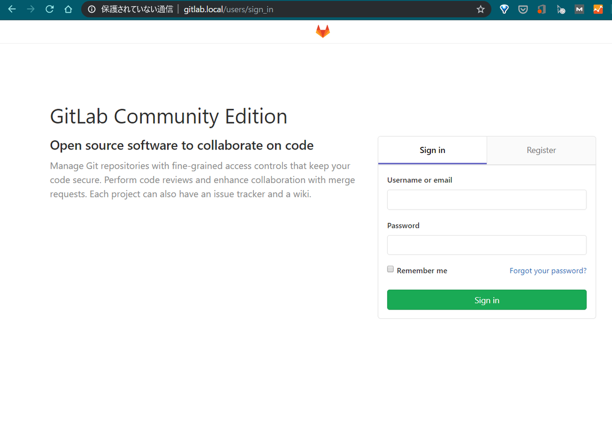 アドレスバーがgitlab.localで表示できた