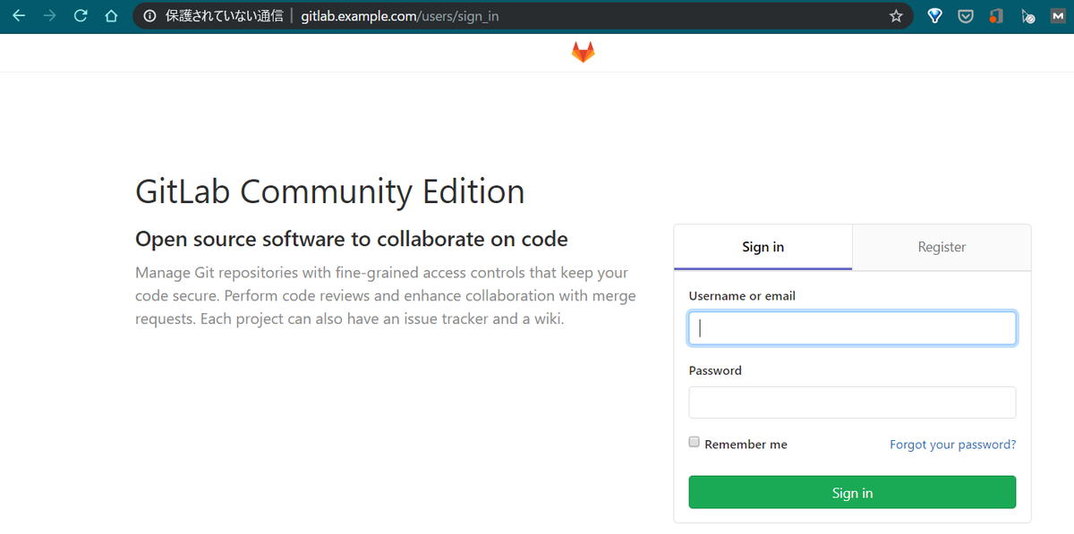 アドレスバーがgitlab.example.comで表示できた